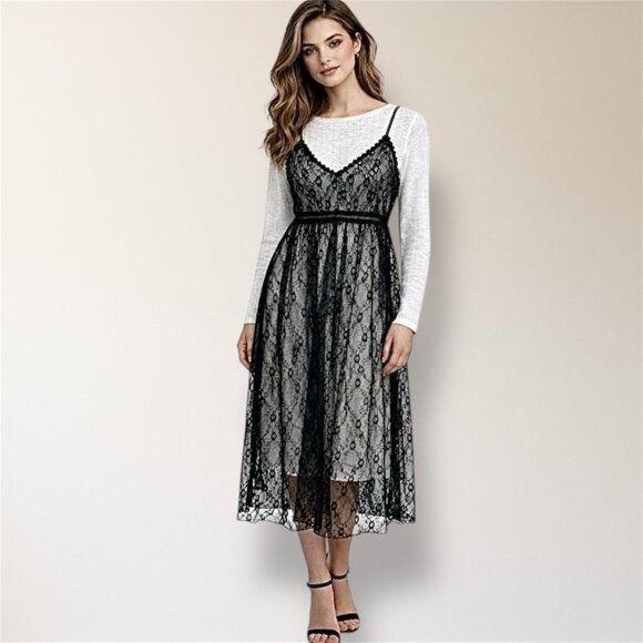 After Market Dresses & Skirts - After Market Black Lace Midi Slip Dress Sheer Layered Gothic Witchy Romantic S